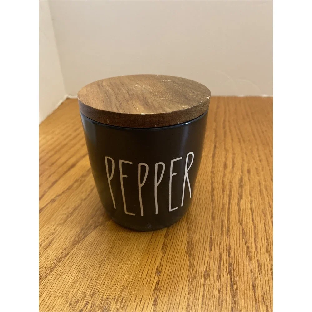 Rae Dunn Pepper Cellar Matte Black Ceramic Jar with Wood Lid Artisan Collection